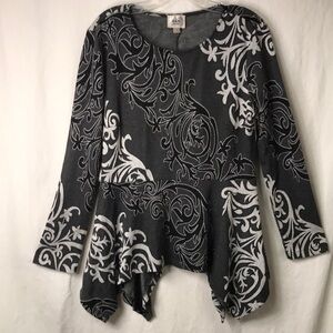 Eci New York Women’s Tunic Size L Peplum Handkerchief Hem Gray Black White EUC